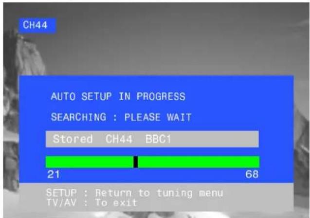 CH44 AUTO SETUP IN PROGRESS SEARCHING : PLEASE WAIT Stored CH44 BBC1 21 68 SETUP : Return to tuning menu TV/AV : To exit