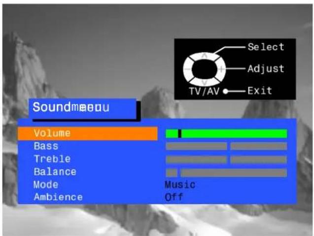 Soundmaeau Volume Bass Treble Balance Mode Ambience Music Off Select Adjust TV/AV Exit