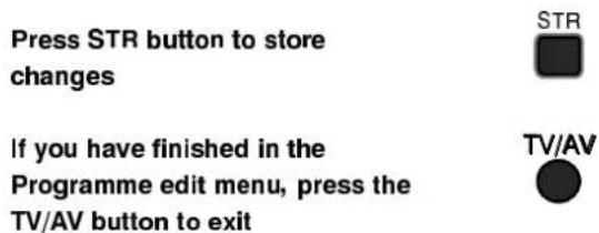 Press STR button to store changes If you have finished in the Programme edit menu, press the TV/AV button to exit