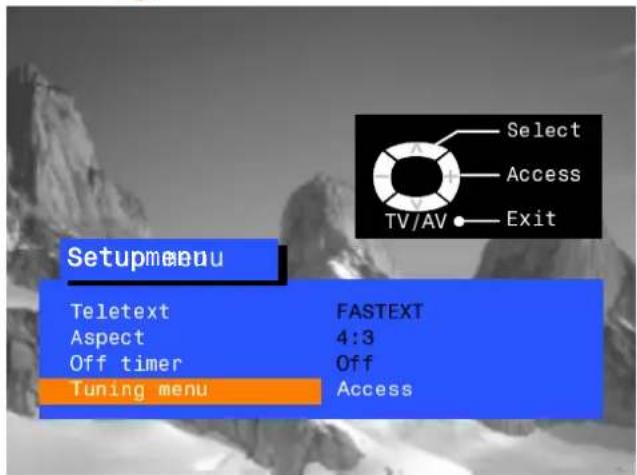Setupmenu Teletext FASTEXT Aspect 4:3 Off timer Off Tuning menu Access