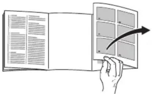 Illustration showing a hand holding an open document with a grid layout and an arrow indicating direction or transformation.
