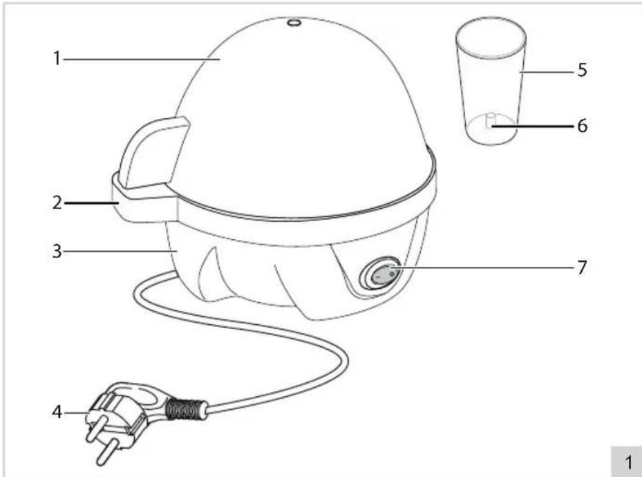Diagram of a medical device with numbered parts and labeled parts, including a plug and cup.