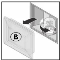 Diagram showing a device with a labeled component B and an open panel containing a circular component (no text or symbols present).
