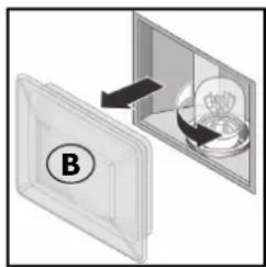 Diagram showing a device with a circular component inside a transparent container, labeled B (no text or symbols on the diagram itself).