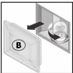 Diagram showing a device with a labeled component (B) and an open panel containing a spherical object, no text or symbols present.