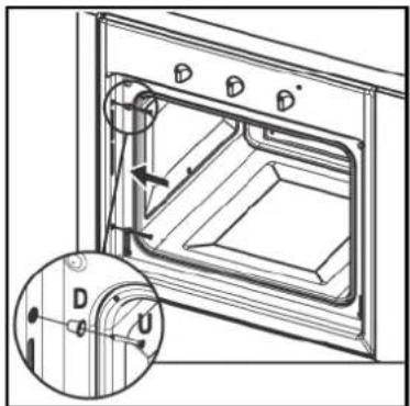 Technical diagram of an oven with labeled parts and directional arrows, including D and U indicators.