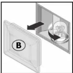 Diagram showing a device with a light bulb inside a transparent container, labeled B (no text or symbols on the device itself).