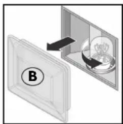 Diagram showing a device with a labeled component B and an open panel containing a light bulb, indicating a process or operation.