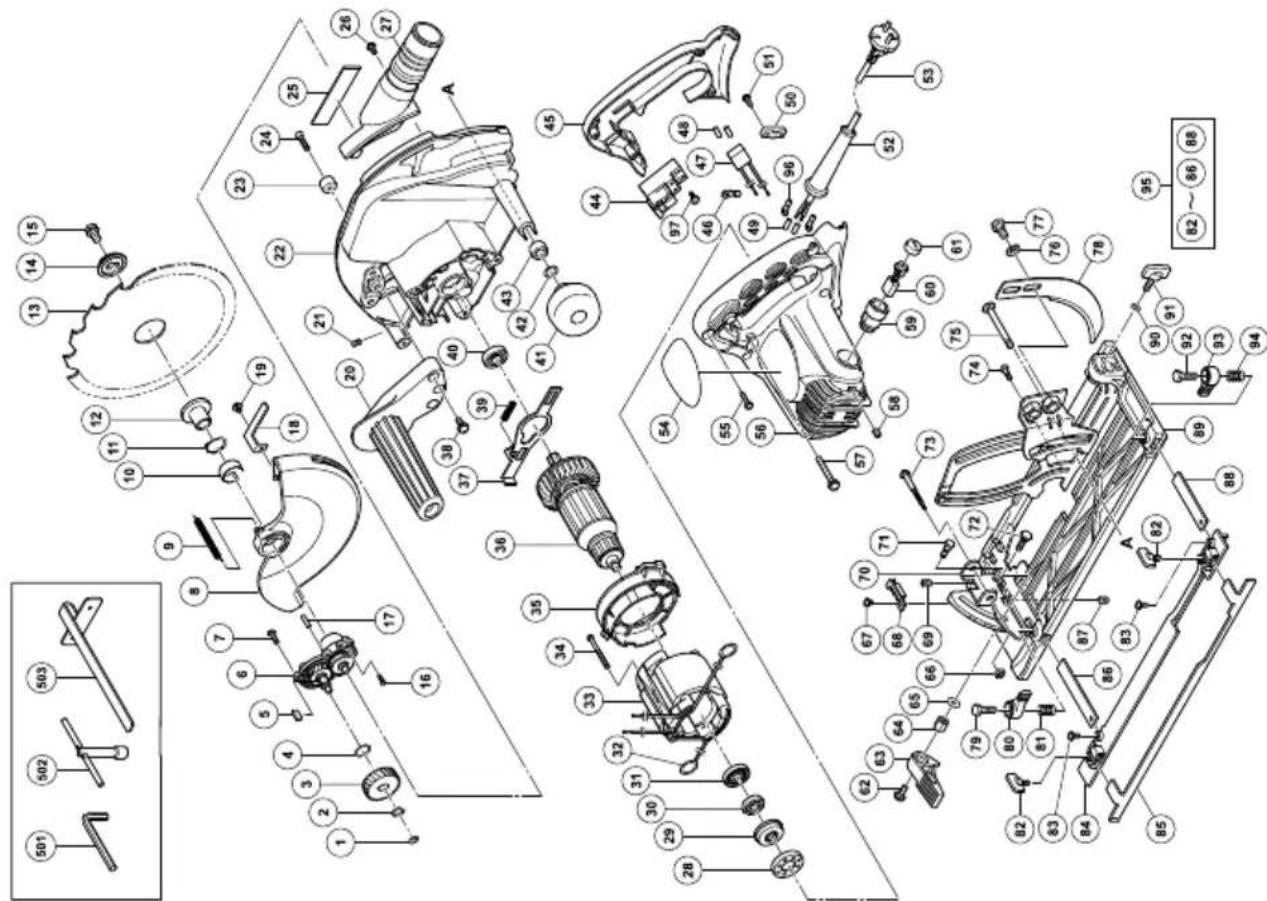 Exploded view diagram of a mechanical assembly with numbered parts and exploded views