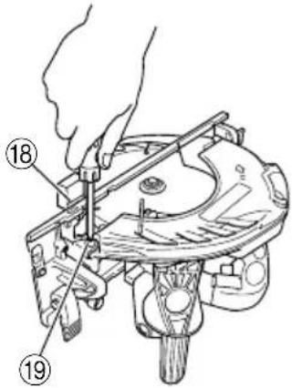 Technical diagram showing a hand using a tool to adjust or install a mechanical component, with numbered parts labeled 18 and 19.