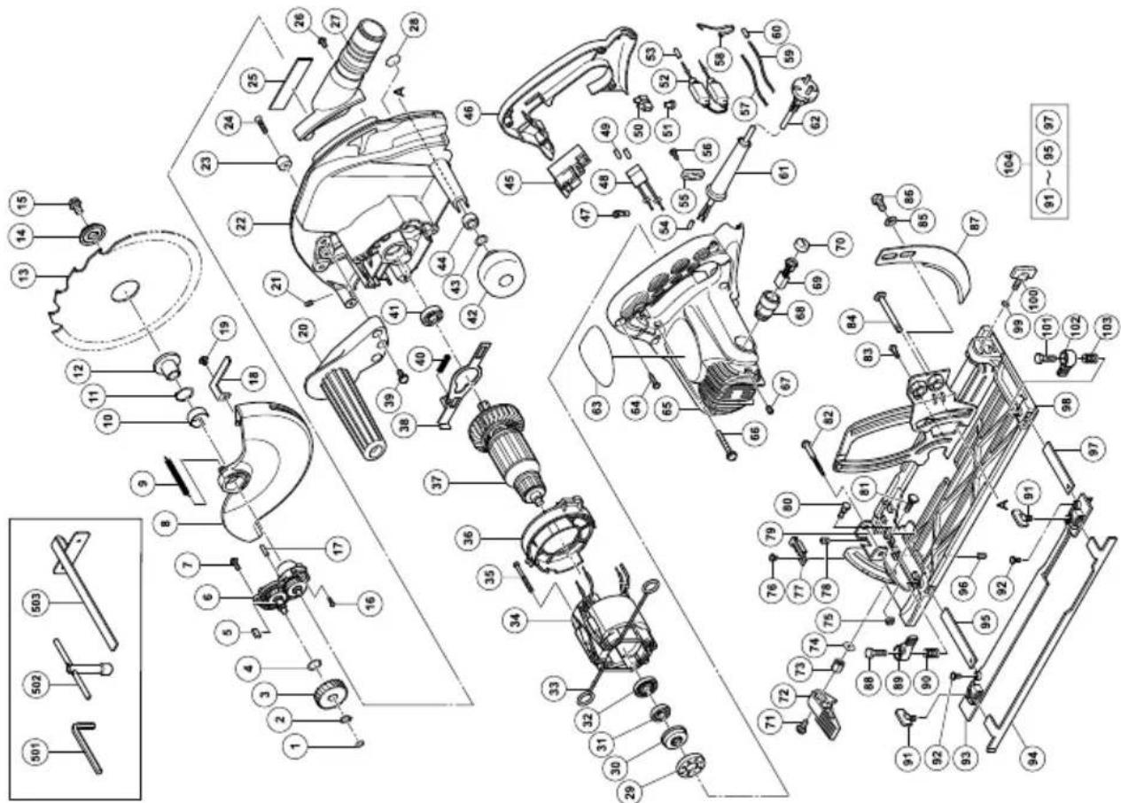 Exploded view diagram of a mechanical assembly with numbered parts and exploded views