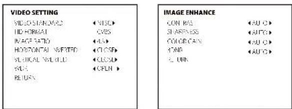 VIDEO SETTING VIDEO STANDARD HID FORMAT IMAGE TATIO HORIZONTAL &/FETD VLTVICAL &/VLD VLD RETURN IMAGE ENHANCE CON RASE SHARPRESS COLOR CAIN CAND R-URK (AU O) (AUTO) (AU O) (AUTO)