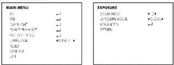 MAIN MENU A: V8: TAY KIGHT MACE FINANCE WHOLE FING LANGJAGL R2SLI SAVE X3I LX1 EXPOSURE BEACH NEED EXPOSURE MODE AVANETED RETURN