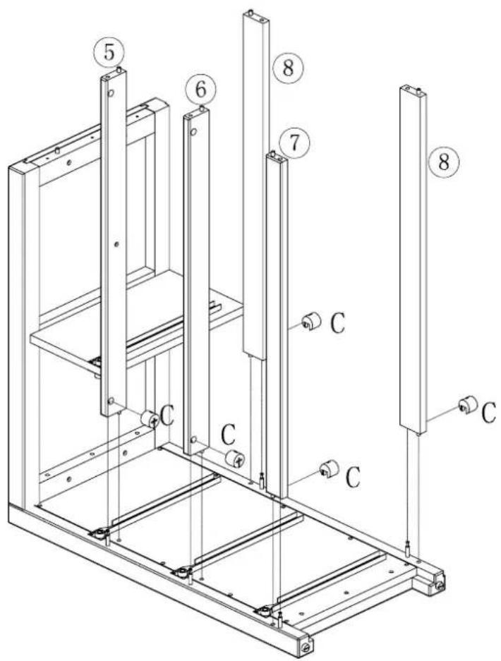 Technical diagram of a mechanical lifting or mounting structure with numbered components and labeled parts C.