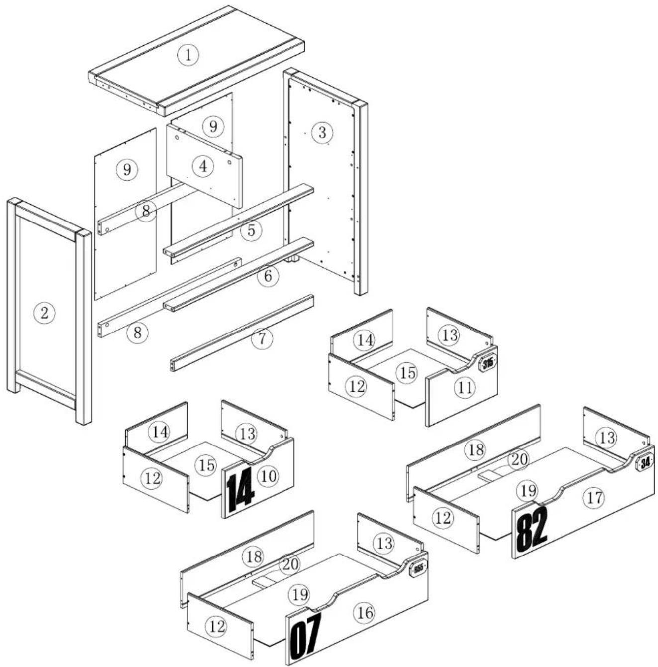 Technical diagram of a multi-section mechanical assembly with numbered components and numbered parts
