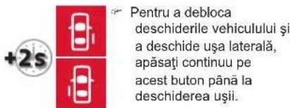 +2s Pentru a debloca deschiderile vehiculului și a deschide ușa laterală, apăsați continuu pe acest buton până la deschiderea ușii.