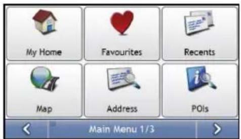 My Home Favourites Recents Map Address POIs Main Menu 1/3