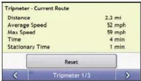 Tripmeter - Current Route Distance 2.3 mi Average Speed 52 mph Max Speed 59 mph Time 4 min Stationary Time 1 min Reset < Tripmeter 1/3 >