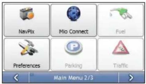 NavPix Mio Connect Fuel Preferences Parking Traffic Main Menu 2/3
