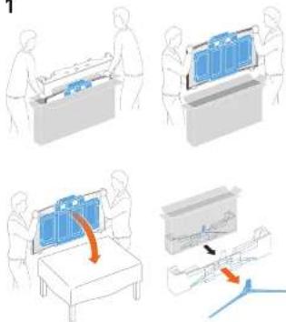 Illustration showing four steps of a medical procedure involving a device, tablet, and box placement with directional arrows indicating process flow.