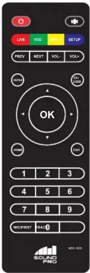 LIVE VOD APPLY SETUP PREV NEXT VOL- VOL+ REPEAT TF/ USB OK HOME EXIT 1 2 3 4 5 6 7 8 9 MIC/FIRST TRACK SOUND PRO NDS-9001