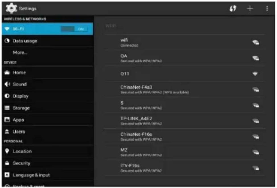 Settings WIRELESS & NETWORKS Wi-Fi Data usage More... DEVICE Home Sound Display Storage Apps Users PERSONAL Location Security Language & Input Backup & reset wifi Connected OA Secured with WPA/WPA2 Q11 ChinaNet-F4s3 Secured with WPA/WPA2 (WPS available) S Secured with WPA/WPA2 TP-LINK_A4E2 Secured with WPA/WPA2 ChinaNet-F16s Secured with WPA/WPA2 MZ Secured with WPA/WPA2 ITV-F16s Secured with WPA/WPA2