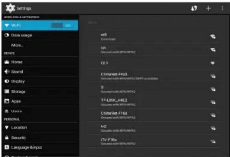 Settings WISCONS & NETWORKS WiFi Data usage More... DEVICE Home Sound Display Storage Apps Users PERSONAL Location Security Language & input Wi-Fi wifi Connected QA Secured with MPA/MPA2 O11 ChinaNet-F4s3 Secured with MPA/MPA2 (DEPT-available) S Secured with MPA/MPA2 TP-LINK_A4E2 Secured with MPA/MPA2 ChinaNet-F16s Secured with MPA/MPA2 MZ Secured with MPA/MPA2 ITV-F16s Secured with MPA/MPA2