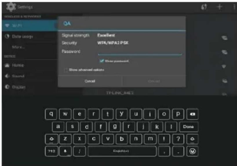 Settings RESOURCES & NETWORKS WIFI QA Signal strength Excellent Security WFA/WPA2 PSK Password ✓ Show password Show advanced options Cancel Cancel TPLINK_AE3 q w e r tyt y Uzbekistan a s d f g&r_j-k,l Done z x c v b n m! ? ?_ 712 & / Englished , -