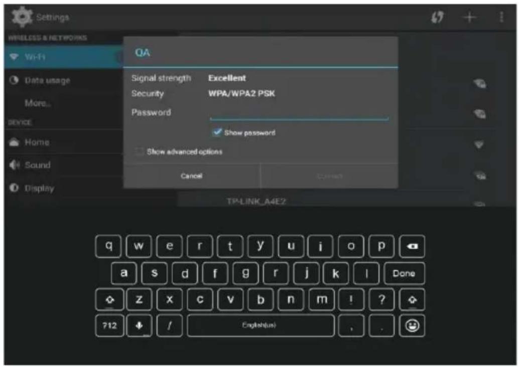 Settings WIRELESS & NETWORKS Vo-Fi QA Signal strength Excellent Security WPA/WPA2 PSK Password ✓ Show password Show advanced options Cancel OK/OK TP-LINK_A4E2 q w e r tyt=u io p a s d f g&r j k l Done z x c v b n m ! ? + 712 ✓ / English(us) . .