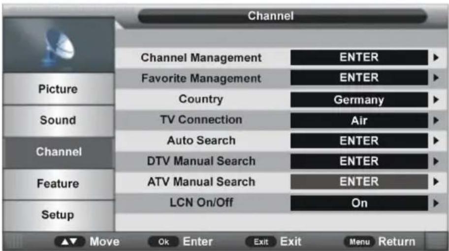 Channel Picture Sound Channel Feature Setup Channel Management Favorite Management Country TV Connection Auto Search DTV Manual Search ATV Manual Search LCN On/Off ENTER ENTER Germany Air ENTER ENTER ENTER On Move Ok Enter Exit Exit Menu Return