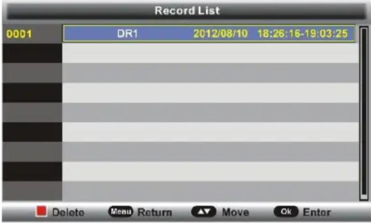 Record List 0001 DR1 2012/08/10 18:26:16-19:03:25 Delete Menu Return ▲ Move Ok Enter