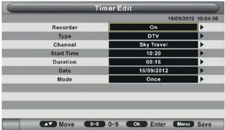 Timer Edit 16/09/2012 10:04:06 Recorder On Type DTV Channel Sky Travel Start Time 10:20 Duration 00:16 Date 16/09/2012 Mode Once Move 0~9 0~9 Ok Enter Menu Save