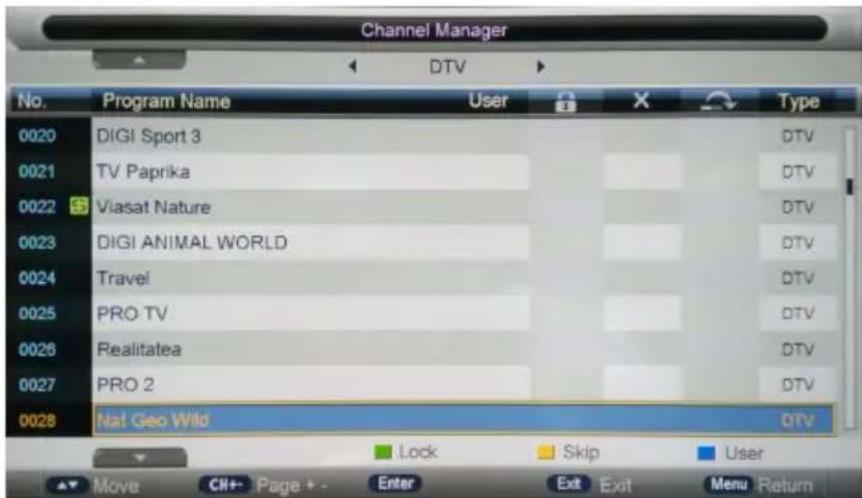 Channel Manager DTV No. Program Name User X Type 0020 DIGI Sport 3 DTV 0021 TV Paprika DTV 0022 Viasat Nature DTV 0023 DIGI ANIMAL WORLD DTV 0024 Travel DTV 0025 PRO TV DTV 0026 Realitatea DTV 0027 PRO 2 DTV 0028 Nat Geo Wild DTV Lock Skip User Move CI+ Page + - Enter Ext Exit Menu Return