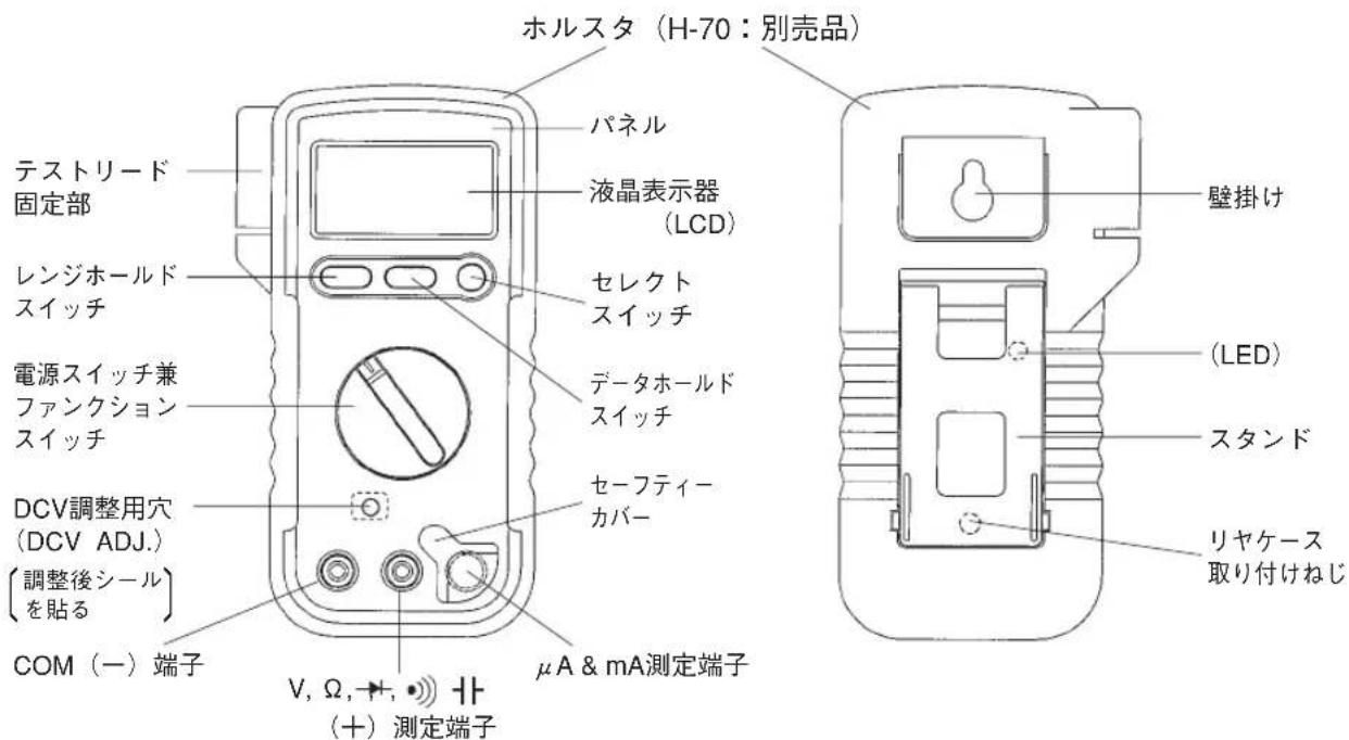 ホルスタ（H-70：別売品） テストリード 固定部 パネル 液晶表示器 (LCD) レンジホールド スイッチ セレクト スイッチ データホールド スイッチ セーフティーカバー DCV調整用穴 (DCV ADJ.) (調整後シール) を貼る COM（一）端子 V, Ω, →, • + + (十) 測定端子 μA & mA測定端子 壁掛け (LED) スタンド リヤケース 取り付けねじ