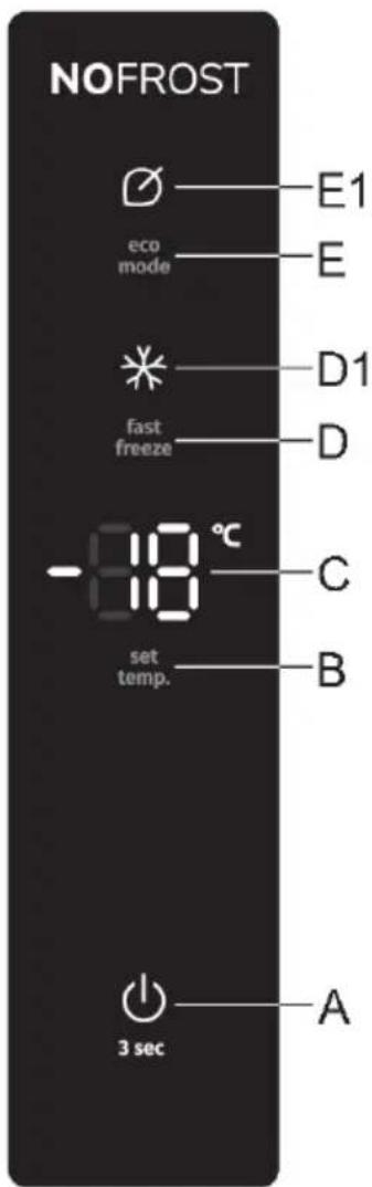 NOFROST E1 eco mode E D1 fast freeze D -10 °C C set temp. B 3 sec A