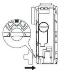 Technical diagram of a mechanical assembly with an inset showing a circular component and directional arrow (no text or labels)
