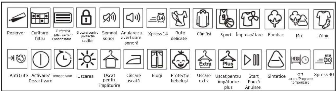 Rezervor Curățare filtru Curățarea filtru sertar / Condensator Blocare pentru protecția copillor Semnal sonor Anulare cu avertizare sonoră Xpress 14 Rufe delicate Cămăși Sport Împrospătare Bumbac Mix Zilnic Anti Cute Activare/ Dezactivare Temporizator Uscarea Uscat pentru împăturire Călcare uscată B…