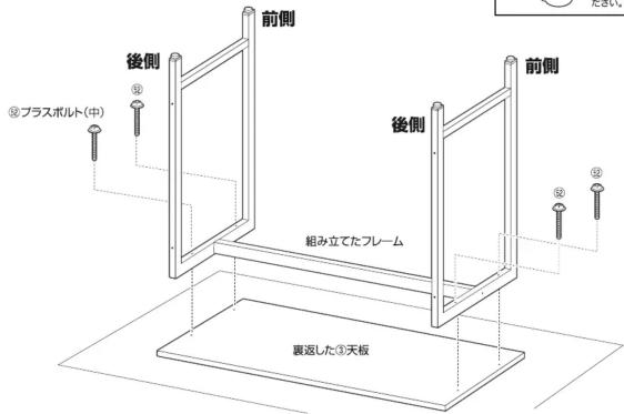 前側 後側 前側 ⑤プラスボルト(中) 組み立てたフレーム 裏返した③天板