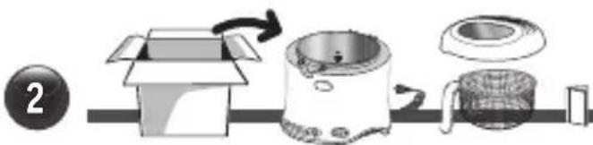 Diagram showing a cooking process with labeled steps: open box, rotating container, and finished dish.