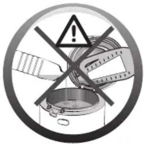 Warning sign with exclamation mark, crossed over a device and cloth, indicating hazardous or hazardous material