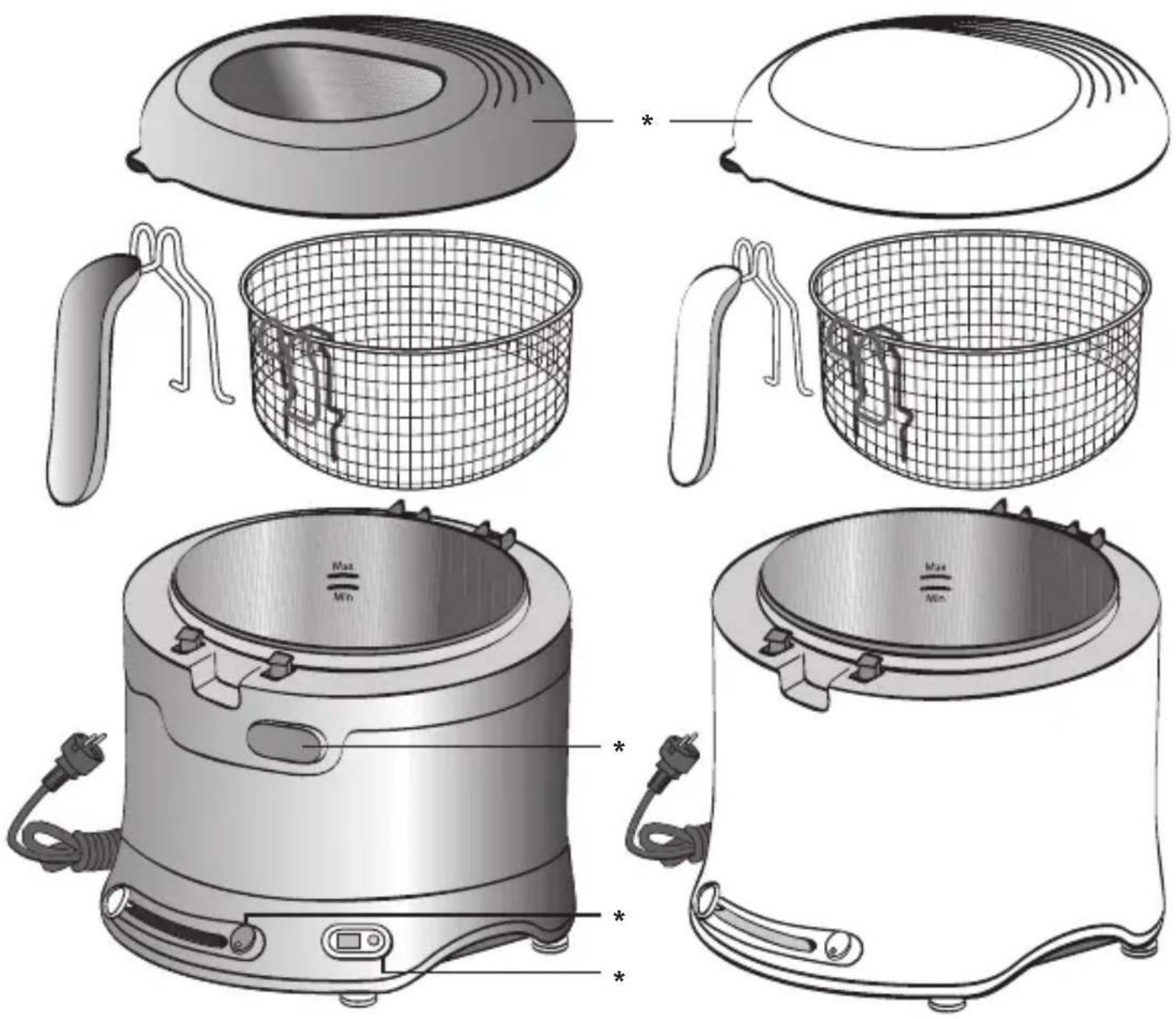 Technical diagram showing exploded views of a kitchen appliance with labeled components and marked parts