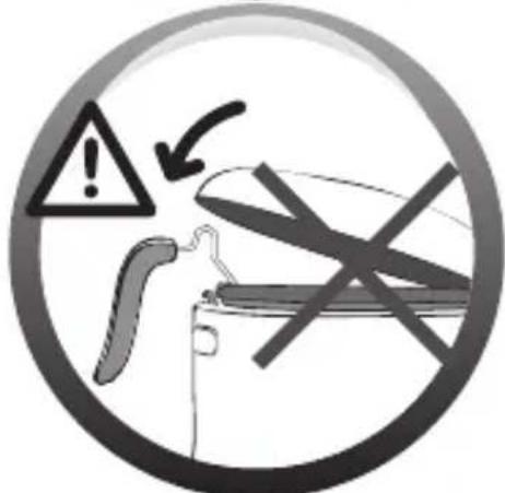 Warning sign with warning symbol, checkmark, and crossed-out tools inside a circle