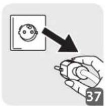 Diagram showing a hand holding a device with a face inside a wall, pointing to a black arrow and number 37.