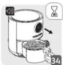 Diagram showing a kitchen appliance with a speaker icon and a page number 34, indicating a cooking step.