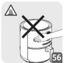 Safety warning illustration showing a hand holding a device with a cross symbol and a warning triangle symbol above it.