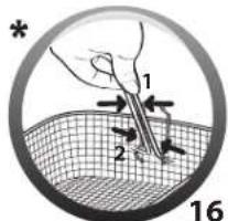 Diagram showing a hand holding a tool with labeled parts 1 and 2, and a grid pattern, marked with number 16.