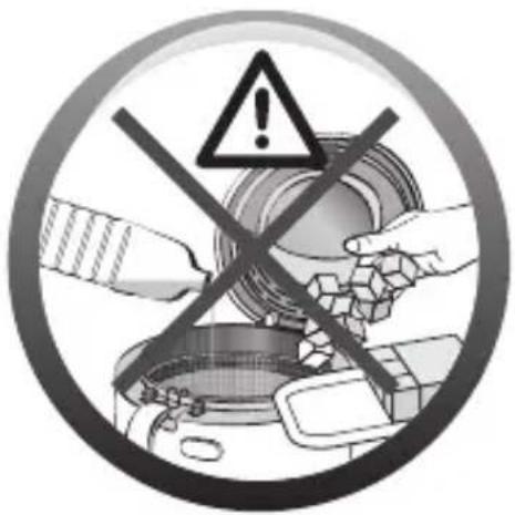 Warning sign with exclamation mark and crossed hands, indicating hazardous material or waste