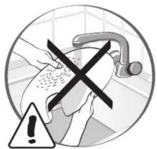 Safety warning sign showing a hand washing a shower with a cross mark and warning symbol