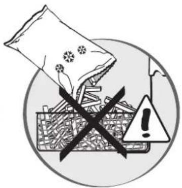 Warning sign depicting a sandbag being crossed out by a trash bin, with an exclamation mark and warning triangle.