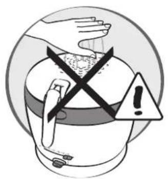 Safety warning illustration showing hand holding a mask over a warning triangle with an exclamation mark
